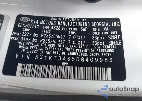 2013 Kia Sorento Lx z USA, uszkodzony, nr VIN 5XYKT3A65DG409986